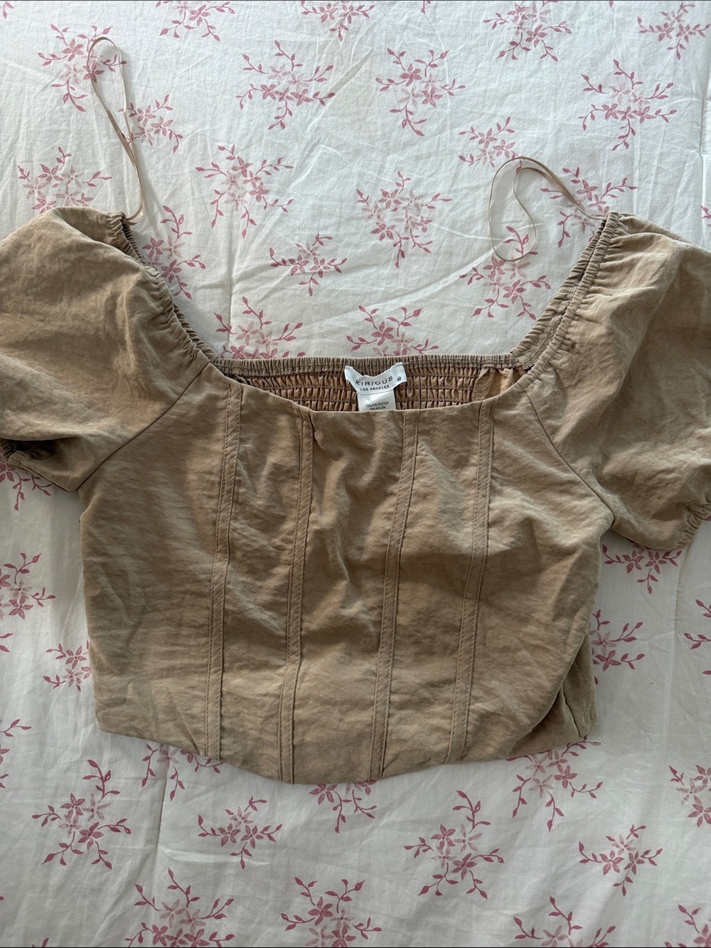 Free People Tan Puff-Sleeve Square Neck Crop Top